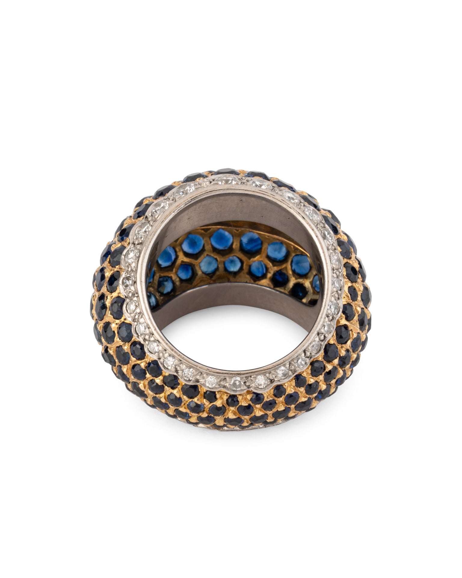 Bague Boule pavée Diamants Saphirs Or Blanc et Jaune Vintage