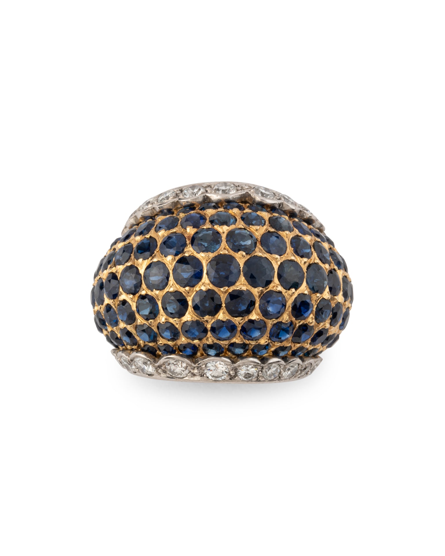 Bague Boule pavée Diamants Saphirs Or Blanc et Jaune Vintage