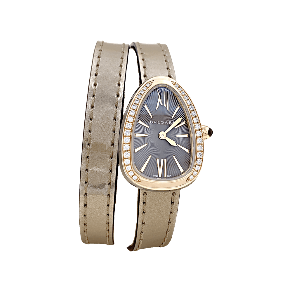 Montre Bulgari, “Serpenti”, en or rose, diamants, acier, cuir.