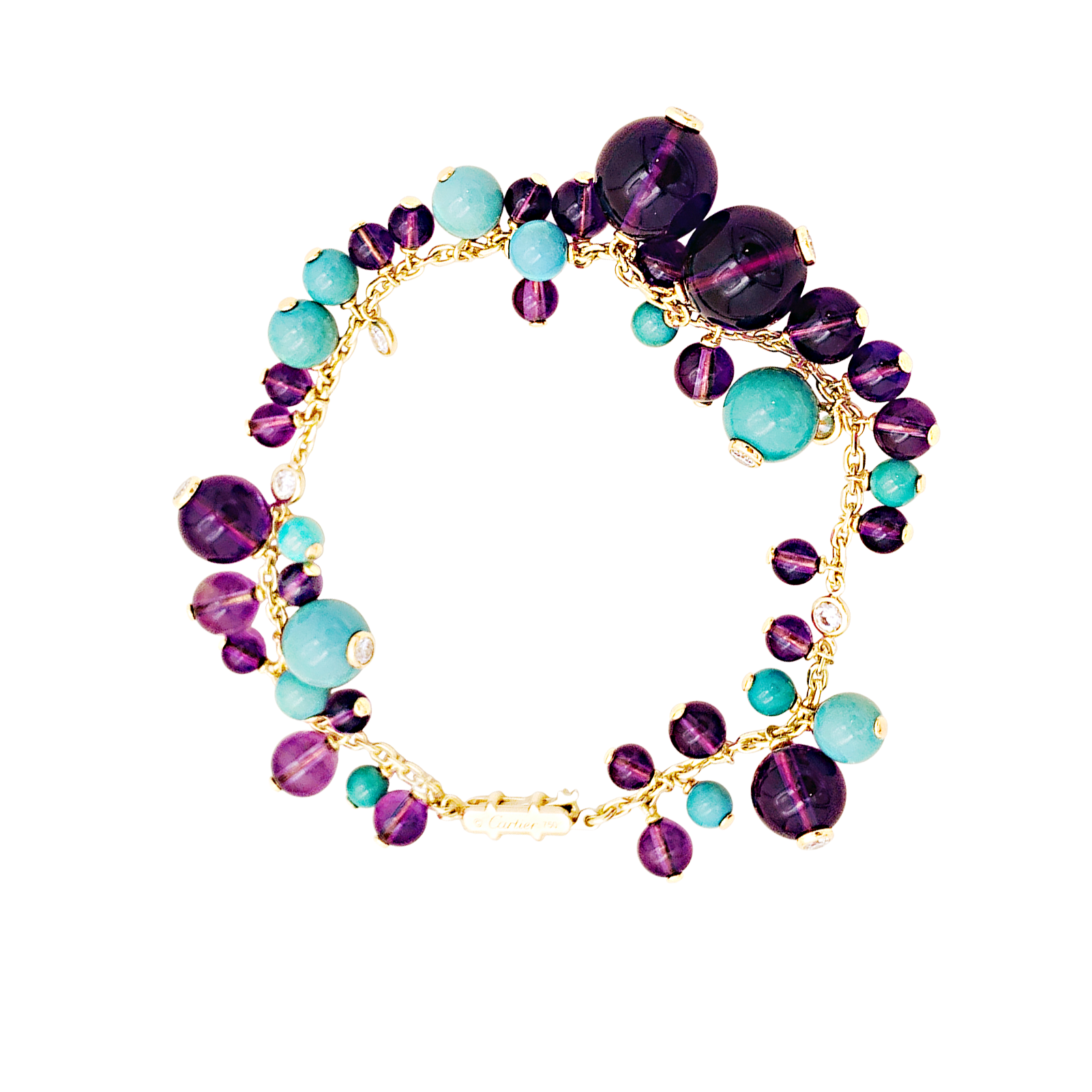 Bracelet CARTIER, modèle "Délices de Goa", or rose, améthyste, turquoises et diamants.