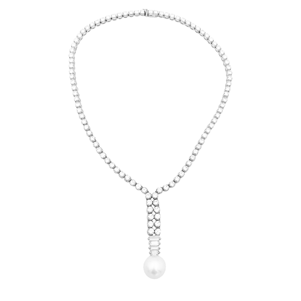 Collier diamants, perle de culture blanche.