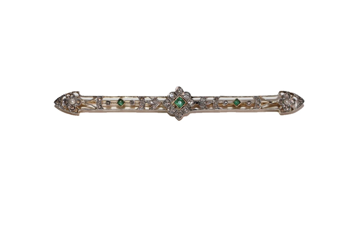 Broche - barrette émeraudes, Perles, Diamants 1900 - Maison Eloe