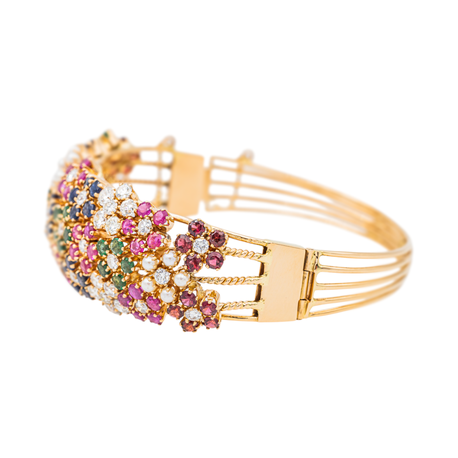 Bracelet Manchette Or jaune Diamant, Emeraude, Rubis