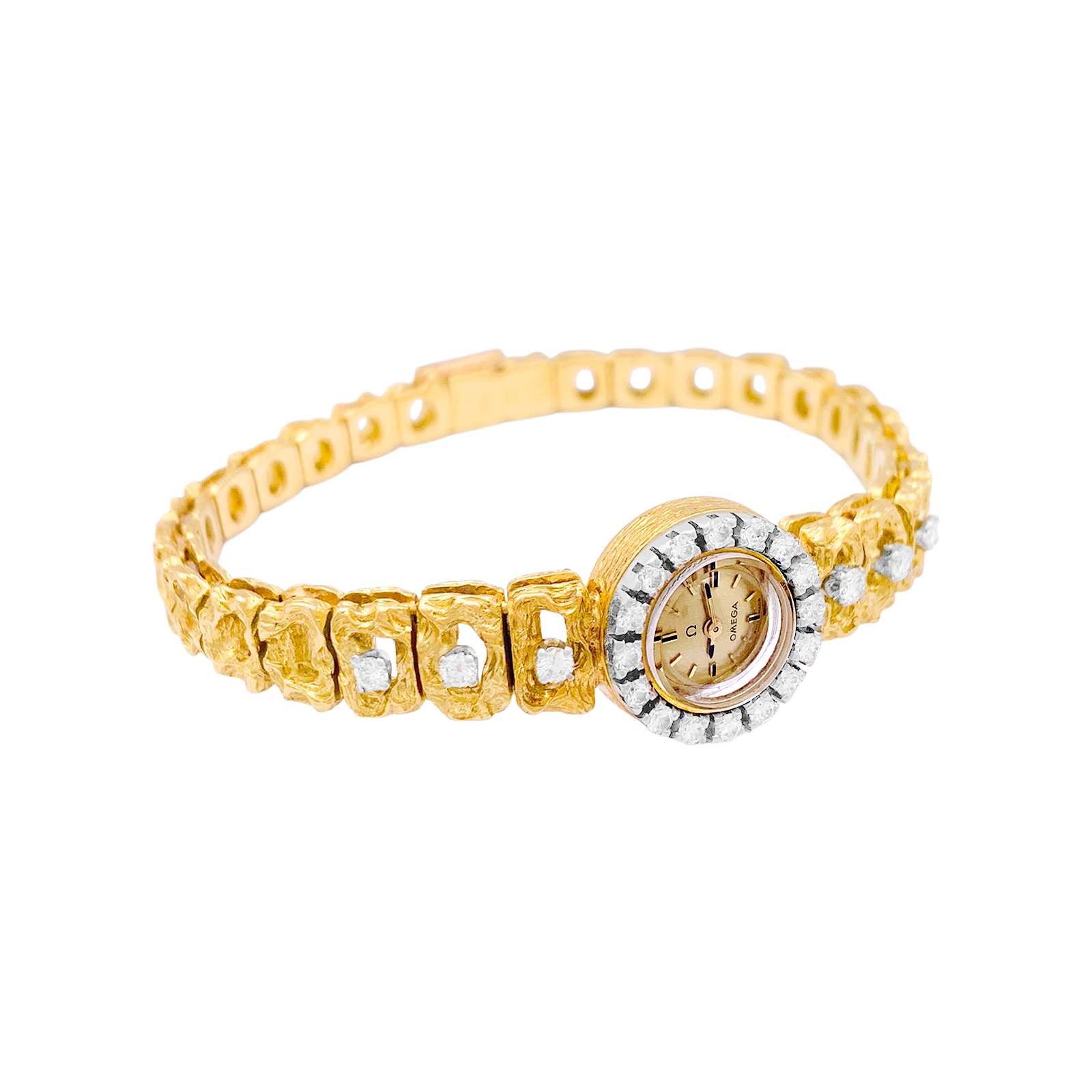 Montre de dame Omega vintage, deux ors, diamants.