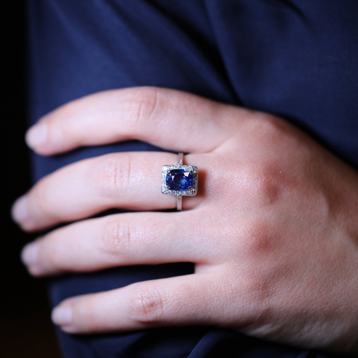 Bague vintage années 40 saphir naturel et diamants Maison ELOE