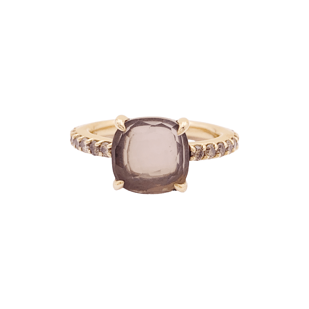 Bague Pomellato, "Baby" or rose, quartz rose et diamants bruns.