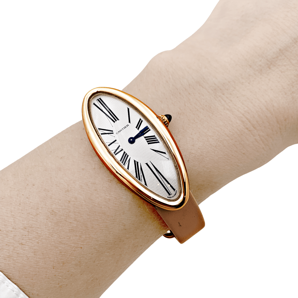 Montre Cartier, "Baignoire Allongée", or rose, cuir.