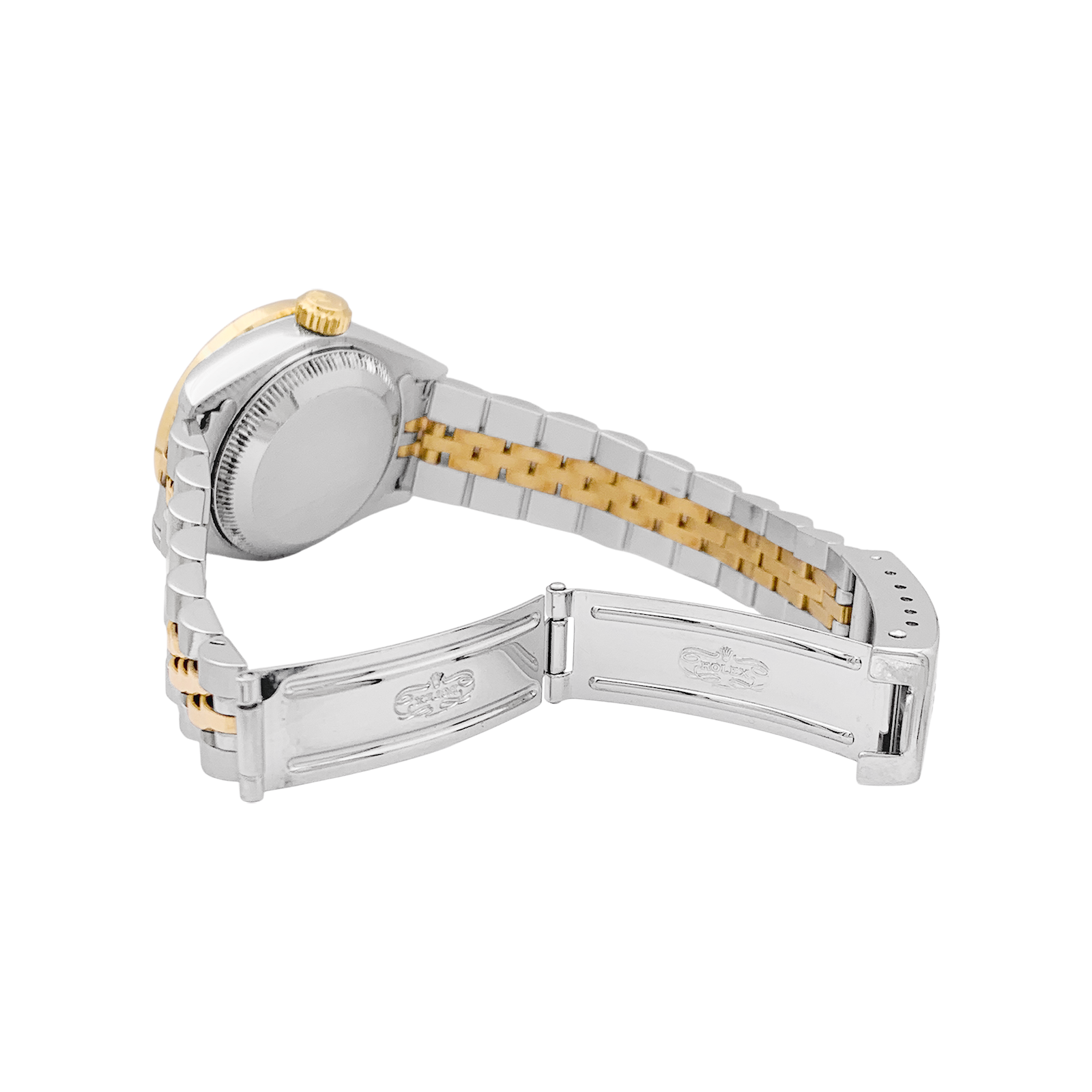 Montre Rolex, "Oyster Perpetual Datejust", or jaune, acier, diamants.