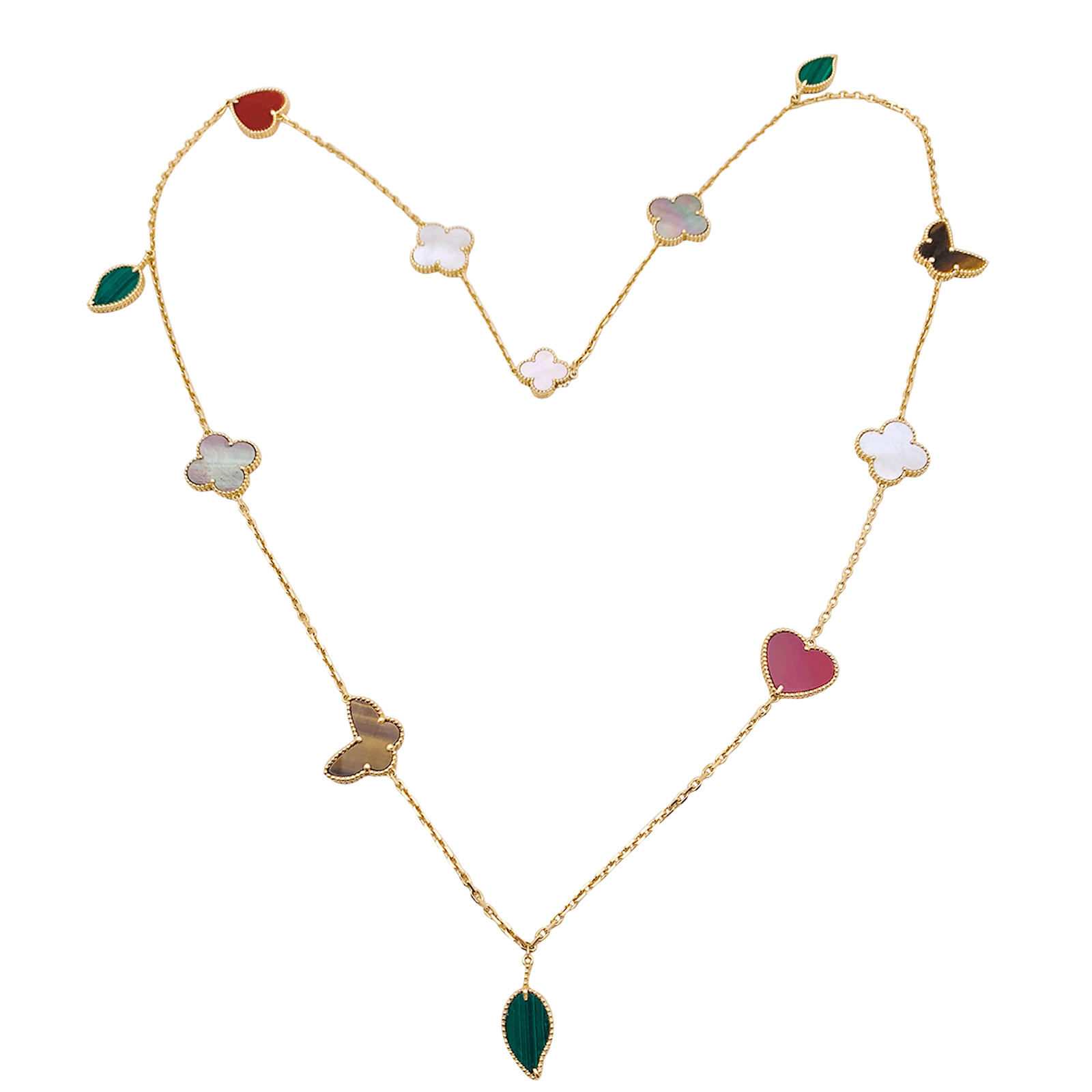 Collier-Sautoir Van Cleef & Arpels, "Lucky Alhambra", or jaune, cornaline, malachite, oeil de tigre, nacre.