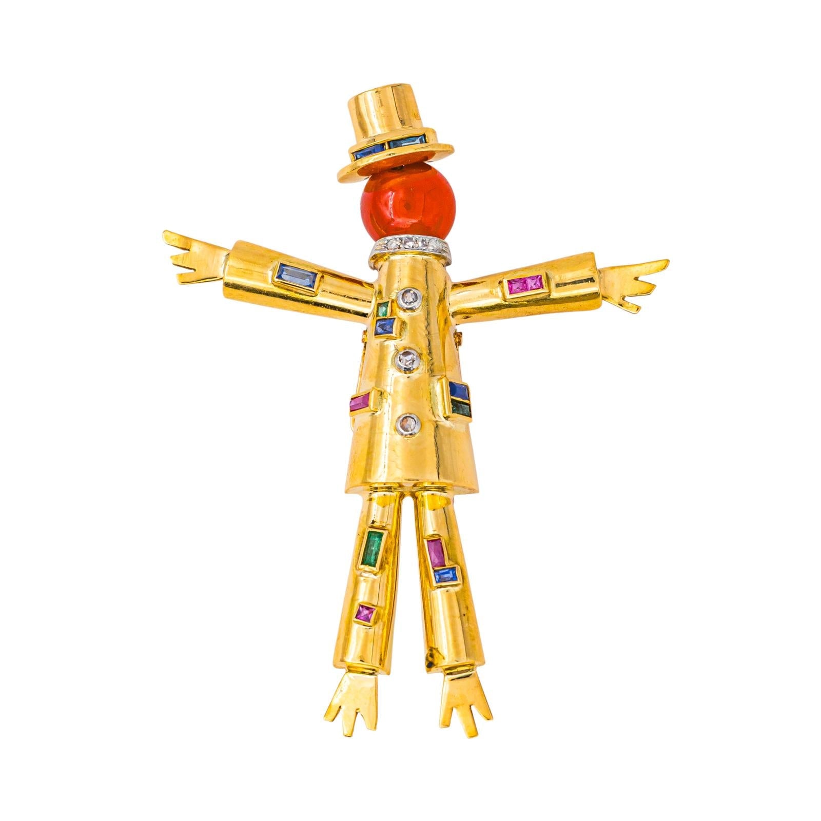 Lacloche Broche Epouvantail Or jaune , Platine  Cornaline