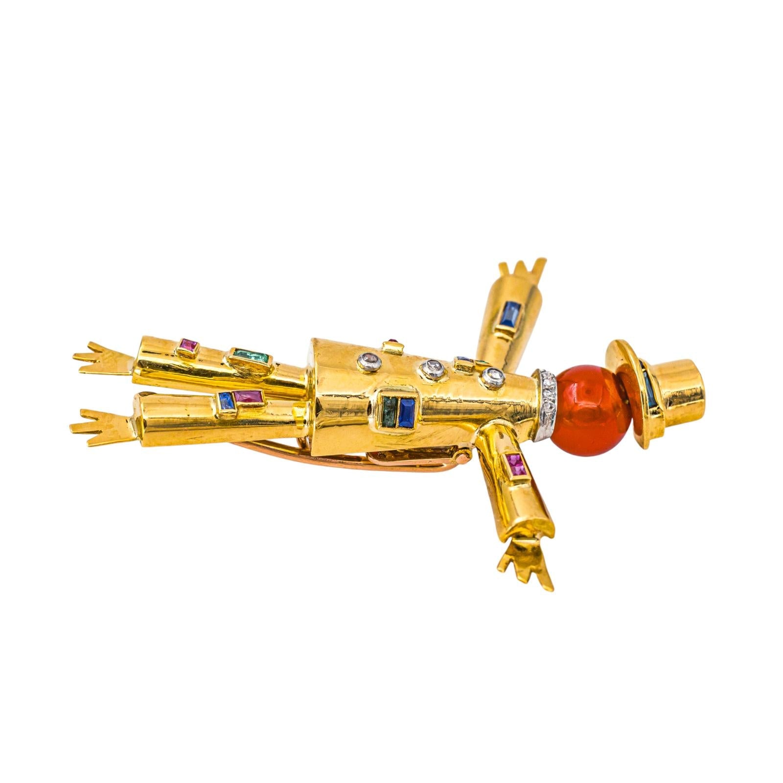 Lacloche Broche Epouvantail Or jaune , Platine  Cornaline