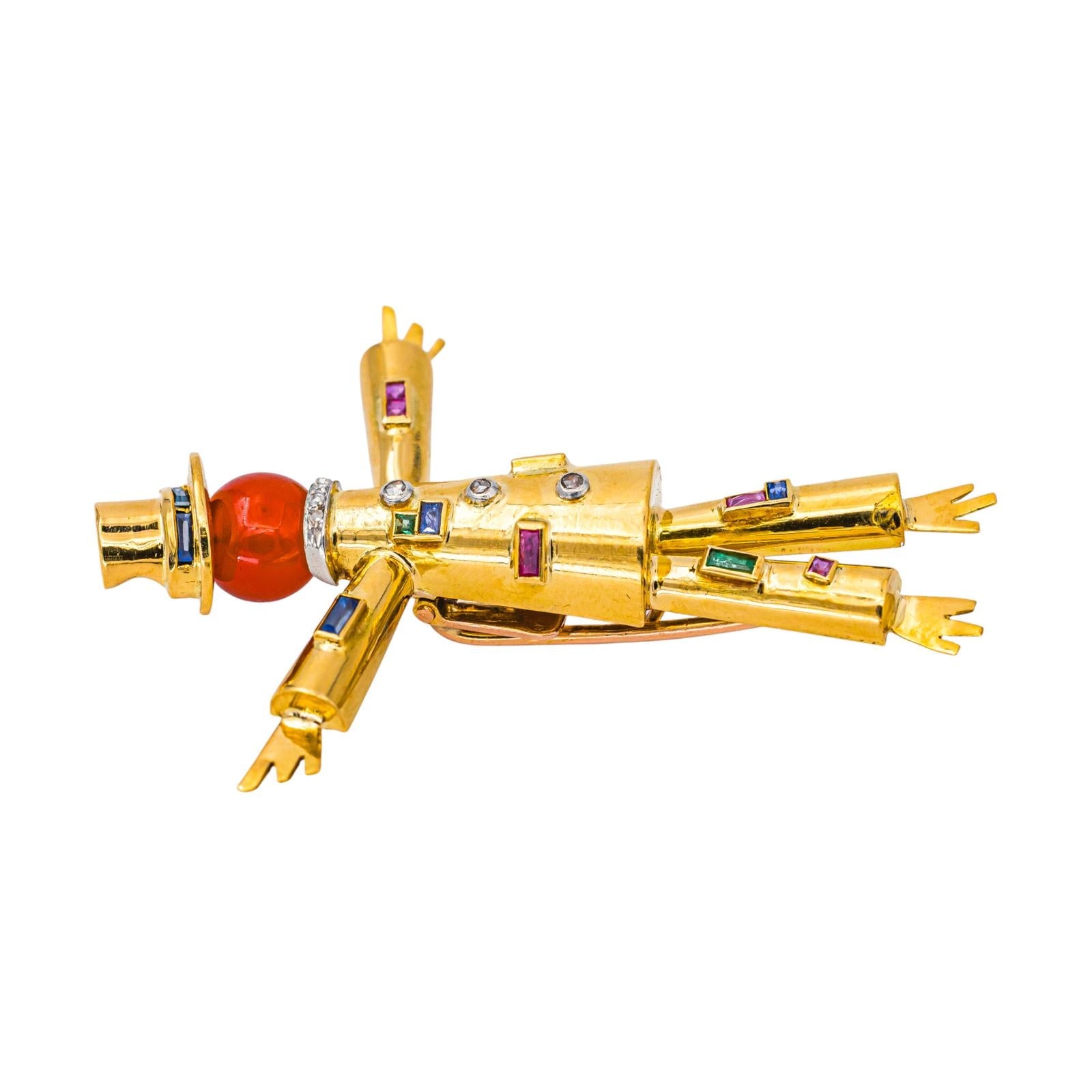 Lacloche Broche Epouvantail Or jaune , Platine  Cornaline