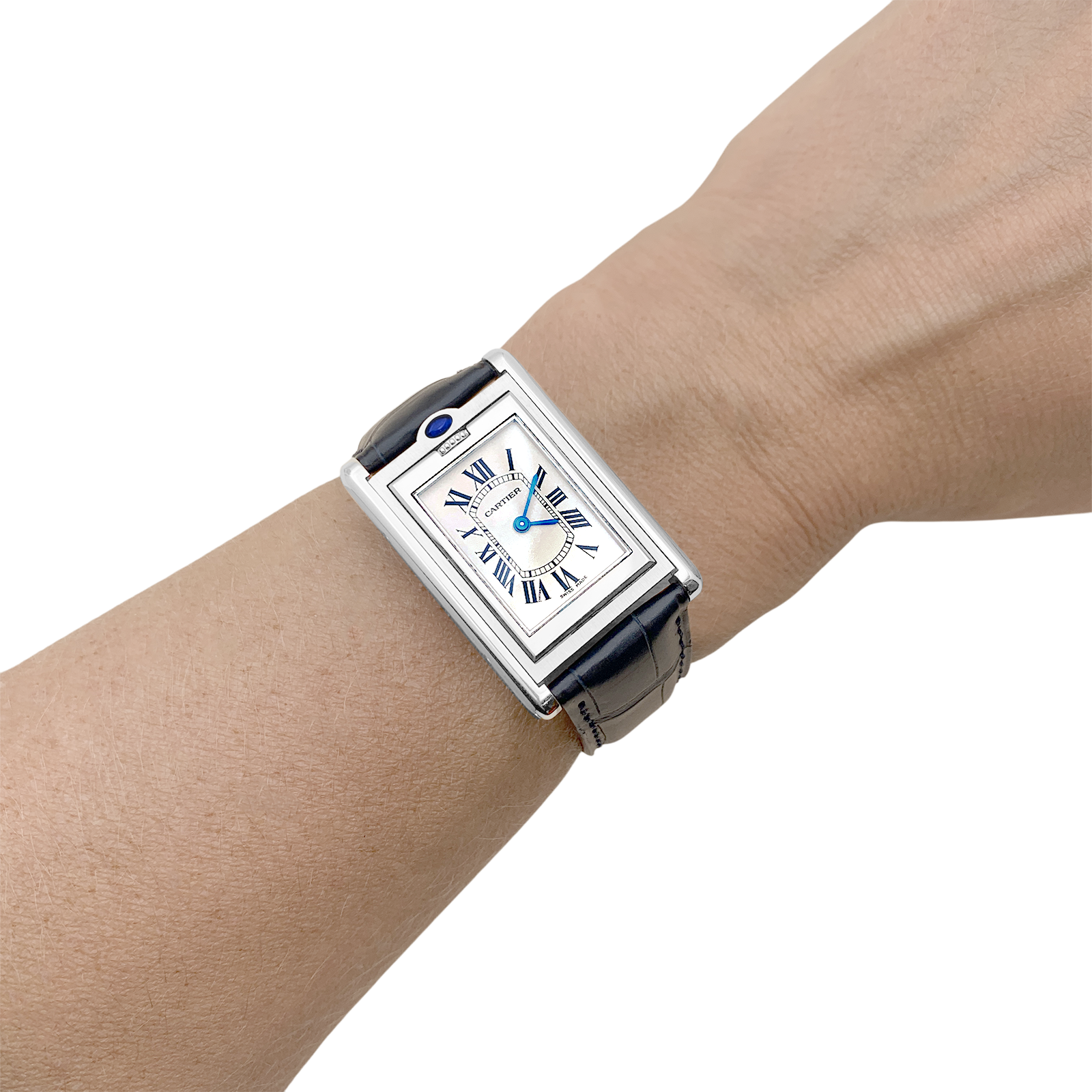 Montre Cartier, "Tank Basculante", acier, cuir.