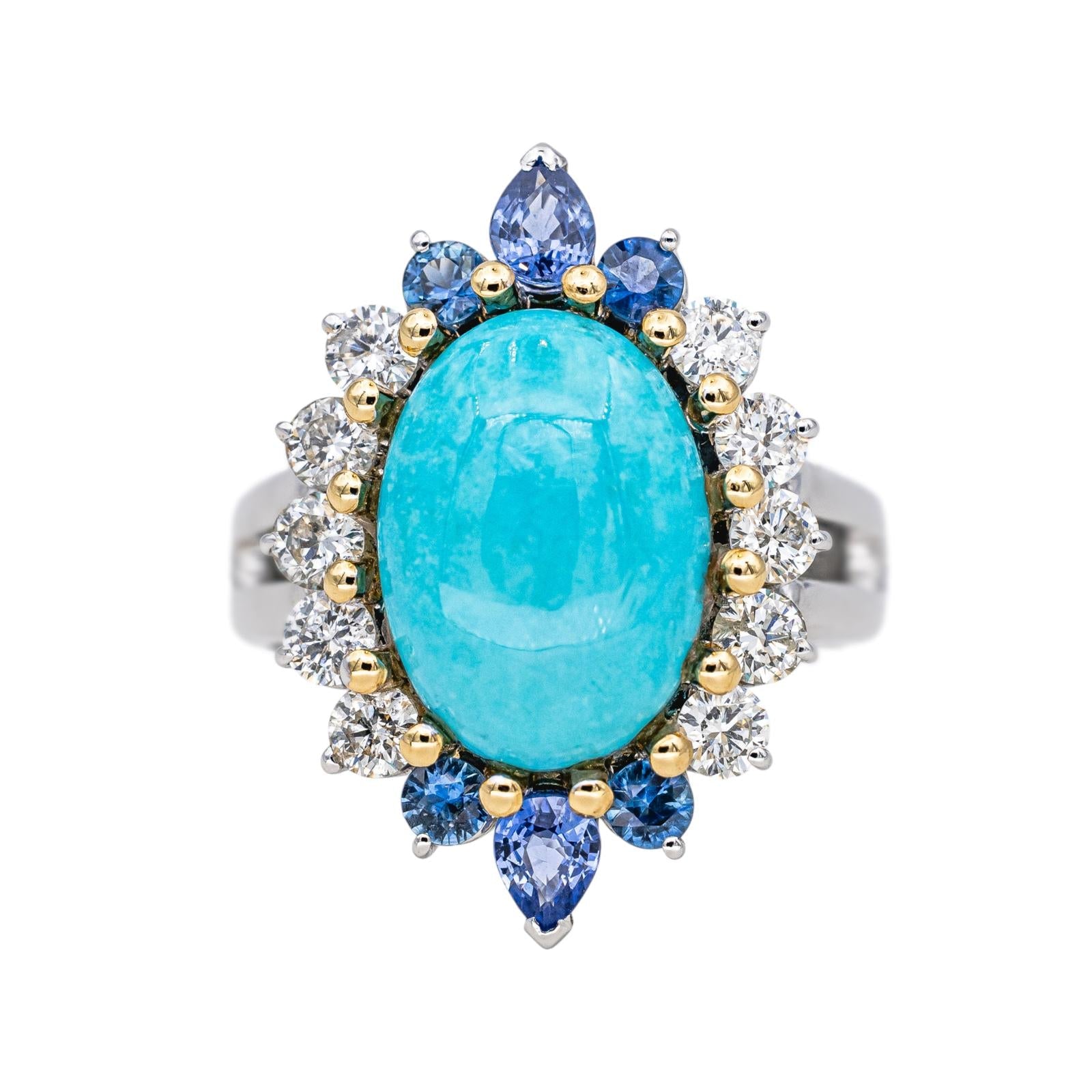 Bague Marquise Or blanc Turquoise, Diamant, Saphir