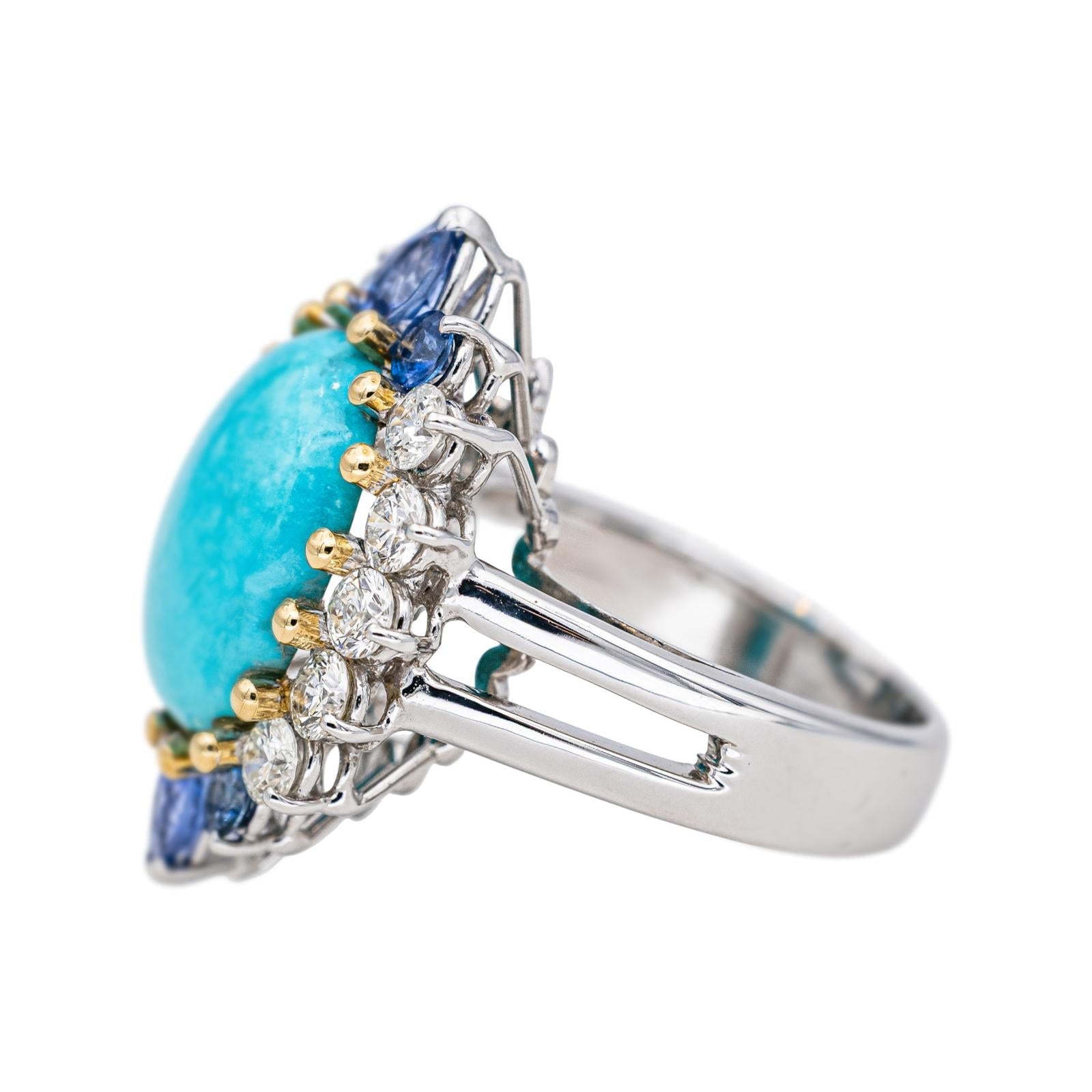 Bague Marquise Or blanc Turquoise, Diamant, Saphir