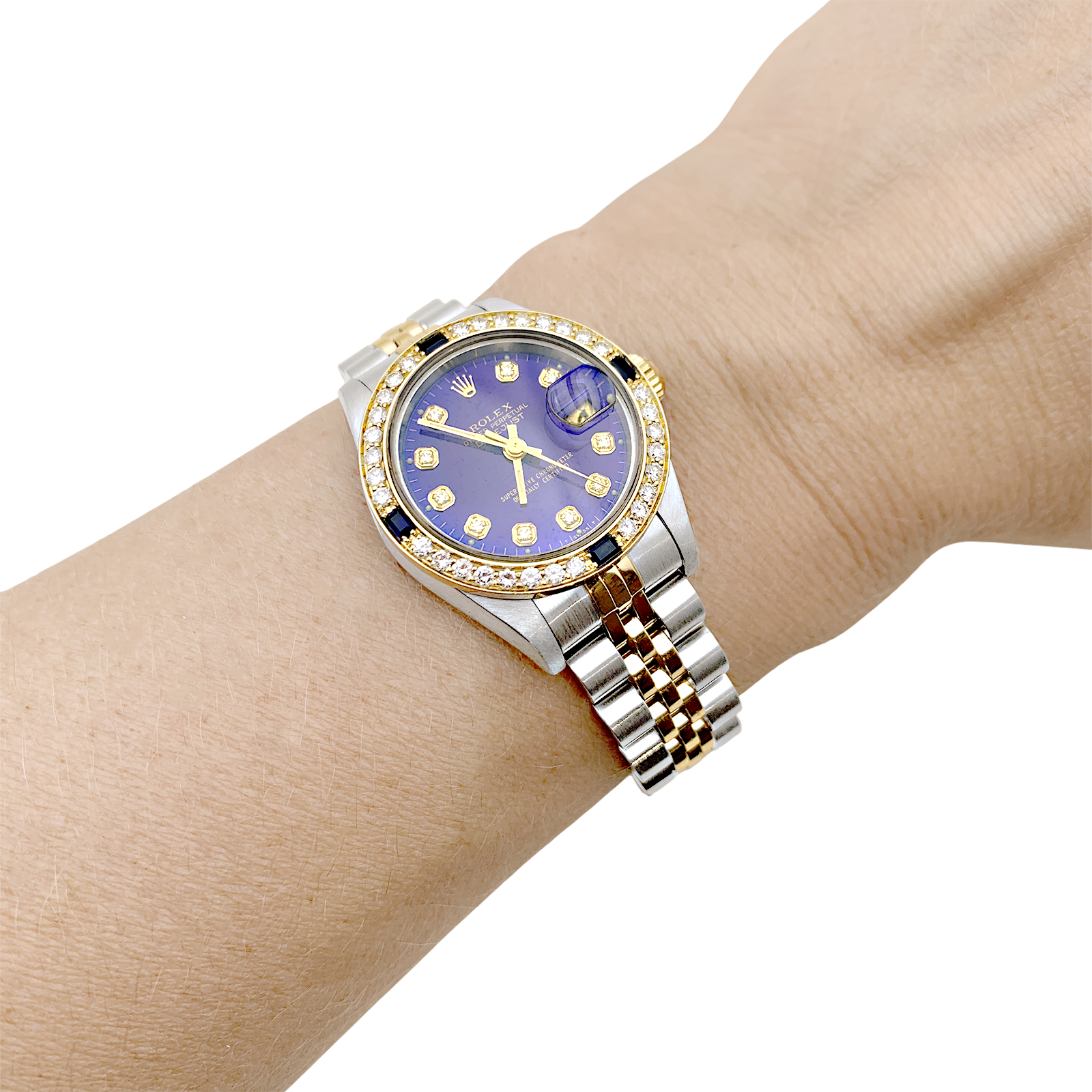 Montre Rolex, "Oyster Perpetual Datejust", or jaune, acier, diamants.