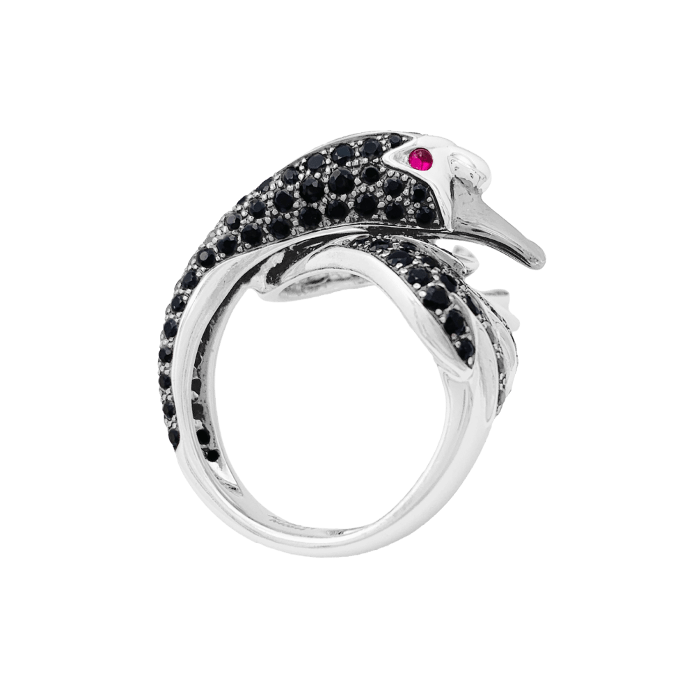 Bague Boucheron, "Animaux de Collection : "Cypris, le Cygne", or blanc, saphirs, diamants, rubis.