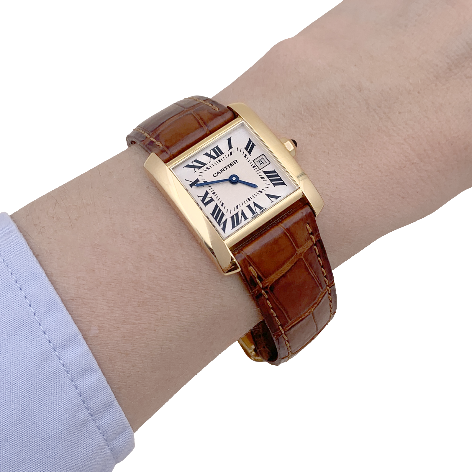 Montre Cartier, "Tank Française", or jaune, cuir.