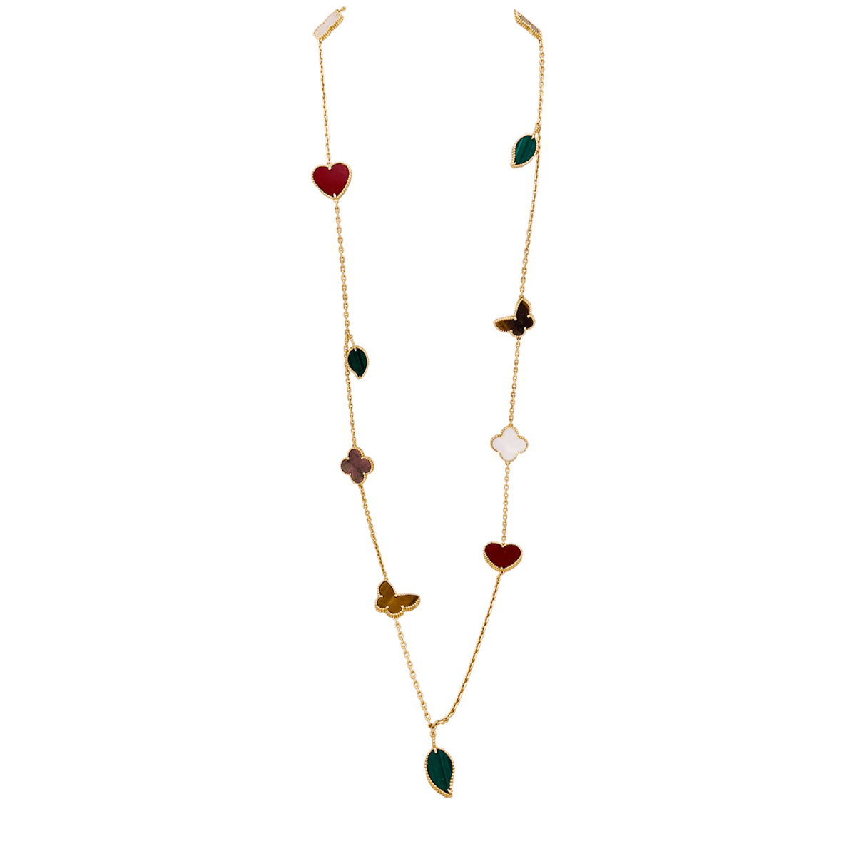 Collier - Sautoir Van Cleef & Arpels, "Lucky Alhambra", or jaune, cornaline, malachite, oeil de tigre, nacre. - Maison Eloe