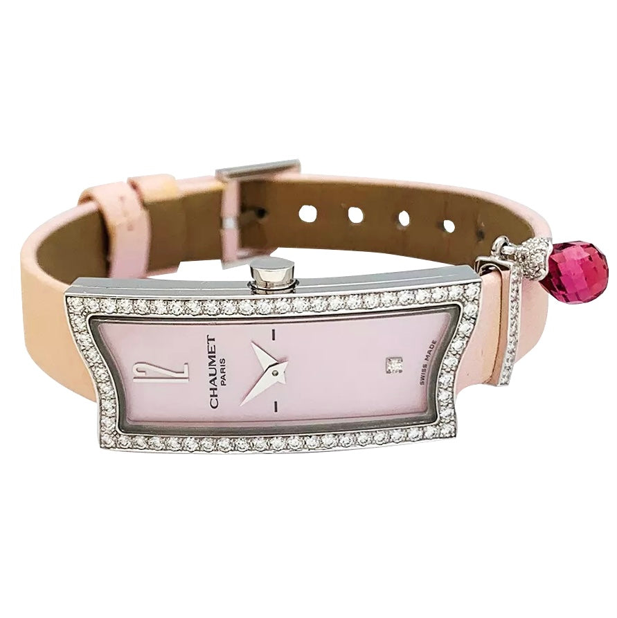 Chaumet "Frisson" watch in white gold, diamonds, mother-of-pearl and tourmaline.