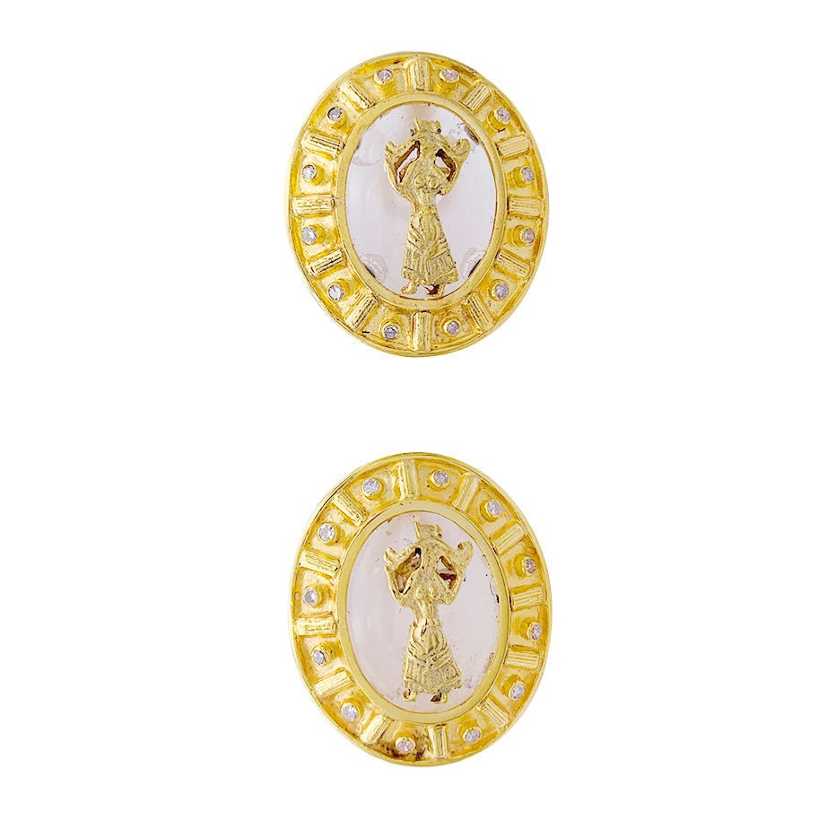 Boucles d'oreilles Lalaounis, "Bouclier d'Achilles", or jaune, cristal de roche. - Maison Eloe
