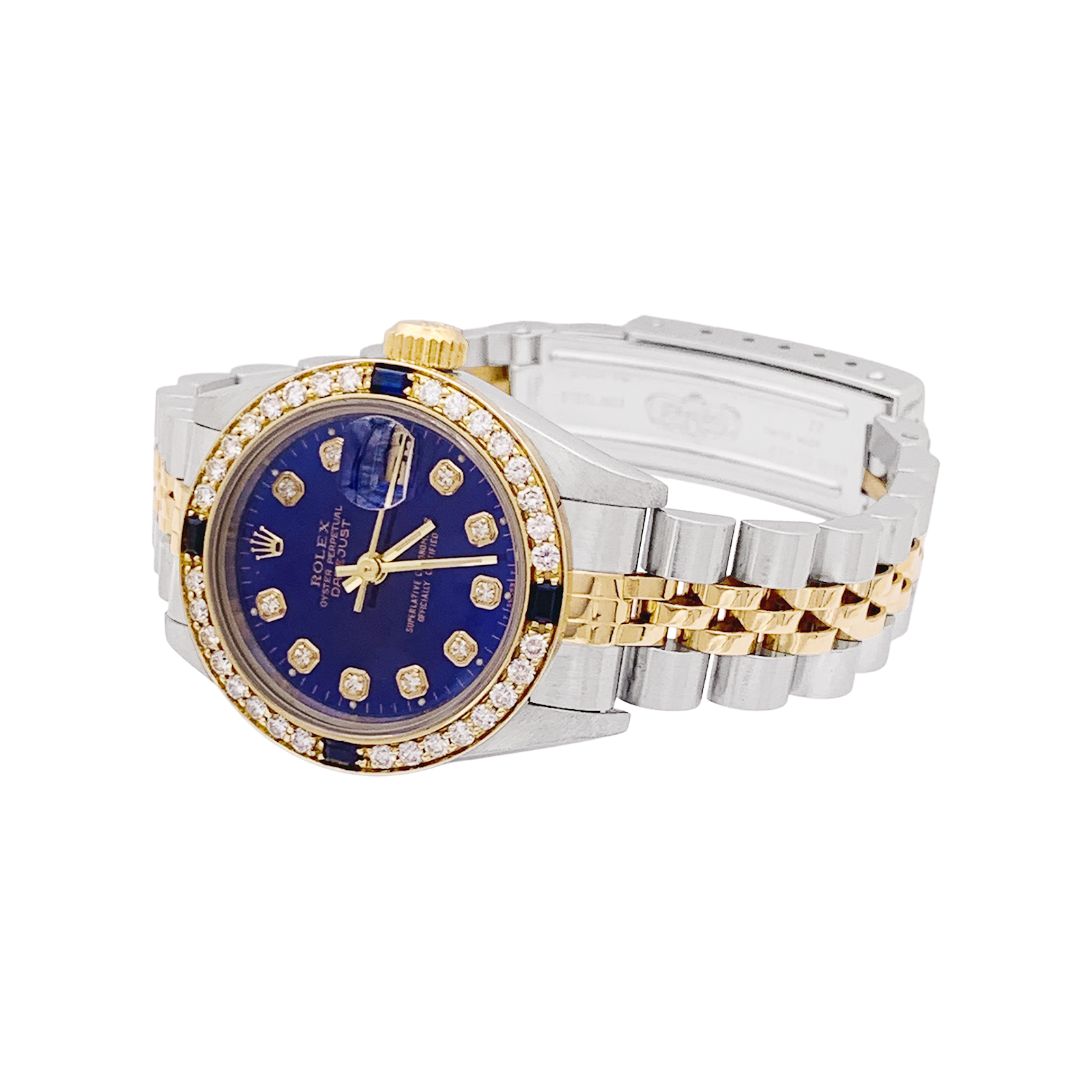 Montre Rolex, "Oyster Perpetual Datejust", or jaune, acier, diamants.