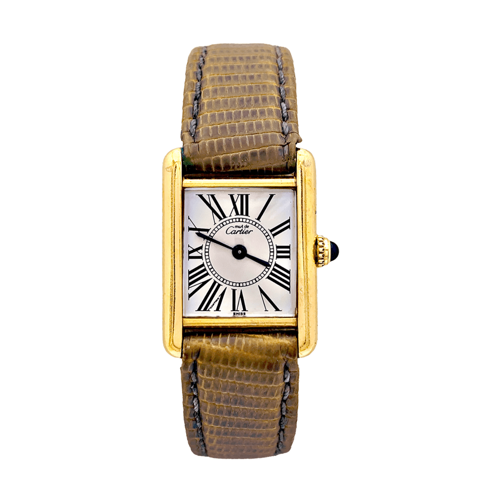 Montre Cartier, "Tank Must" argent plaqué or, cuir.