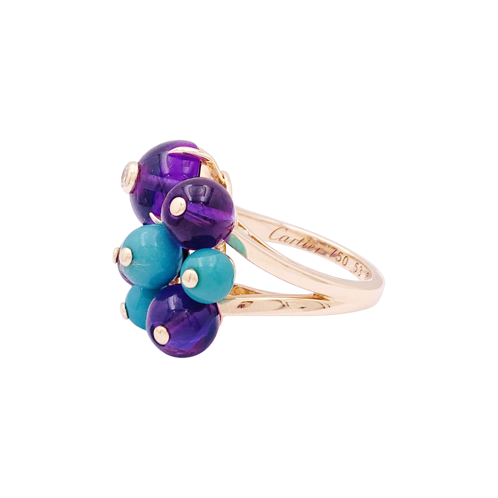 Bague Cartier, "Délices de Goa", or rose, diamant, turquoises, améthystes.