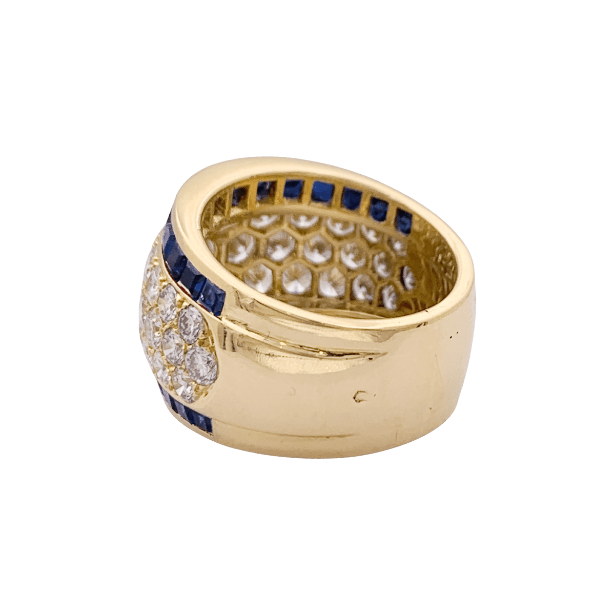 Bague vintage or jaune, diamants, saphirs calibrés. - Maison Eloe