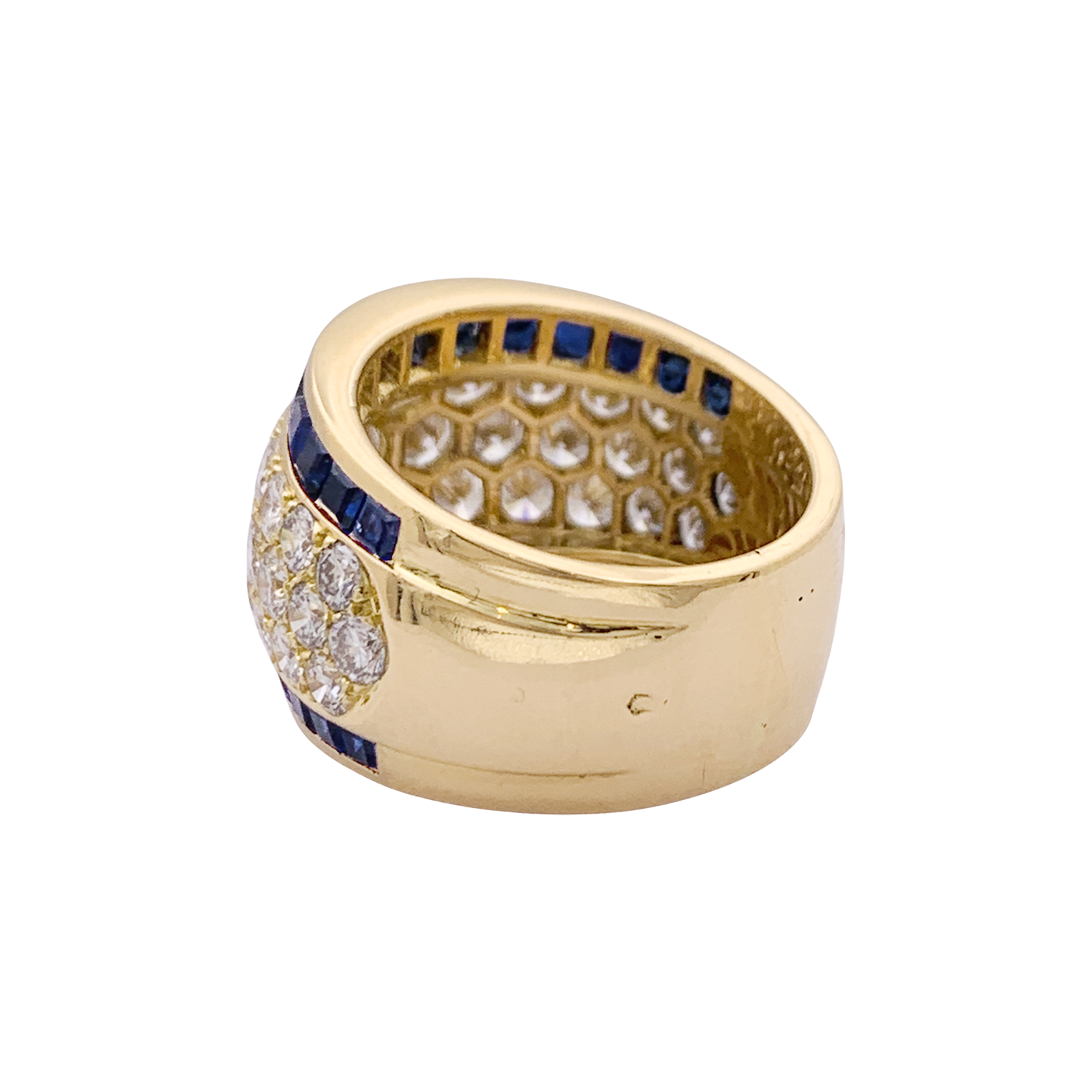 Bague vintage or jaune, diamants, saphirs calibrés.