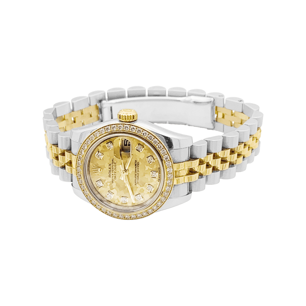 Montre Rolex, "Oyster Perpetual Lady-Datejust", or jaune, acier, diamants.