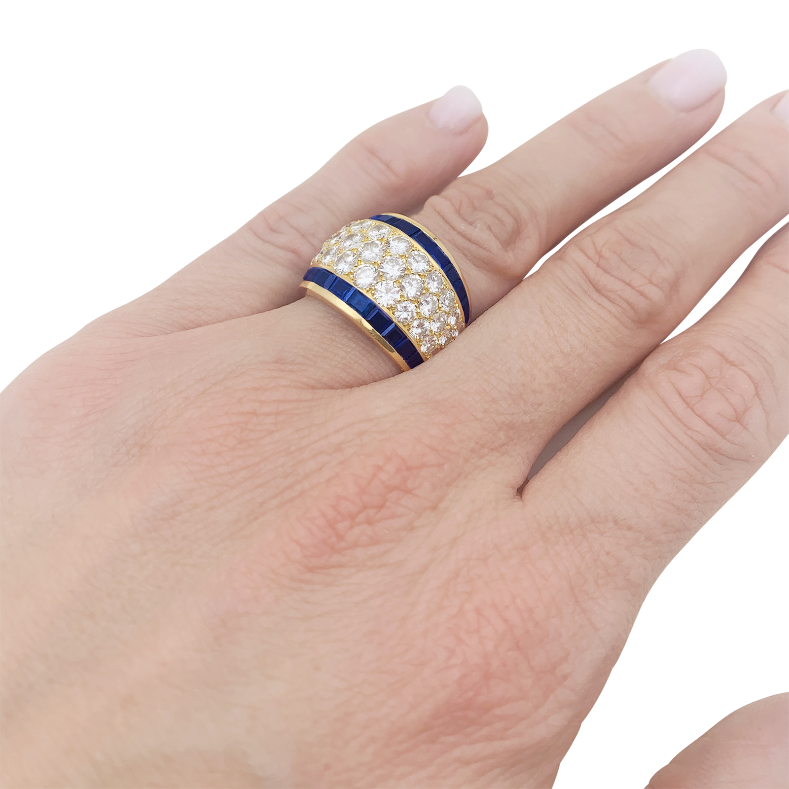 Bague vintage or jaune, diamants, saphirs calibrés.