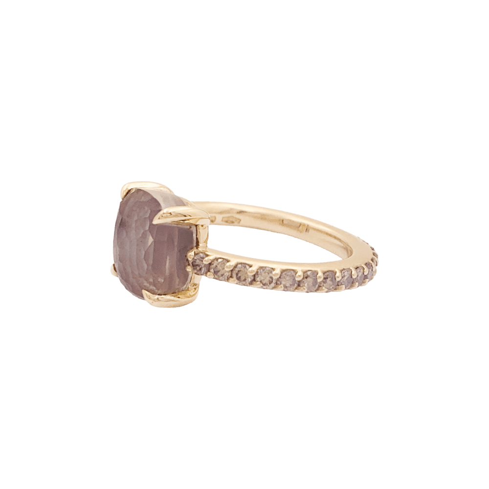 Bague Pomellato, "Baby" or rose, quartz rose et diamants bruns.