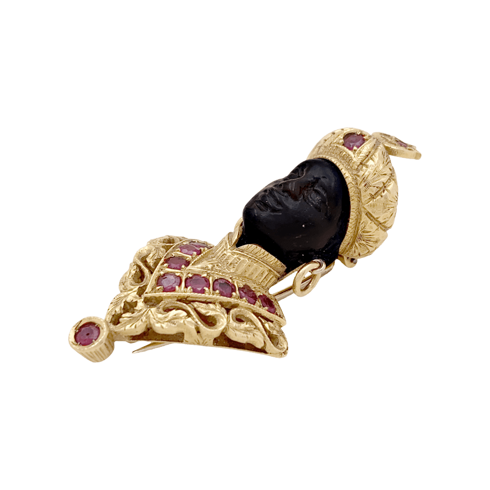 Broche G.NARDI, "Moretto", or jaune, rubis, ébène.