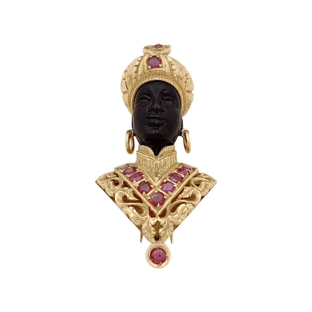 Broche G.NARDI, "Moretto", or jaune, rubis, ébène.