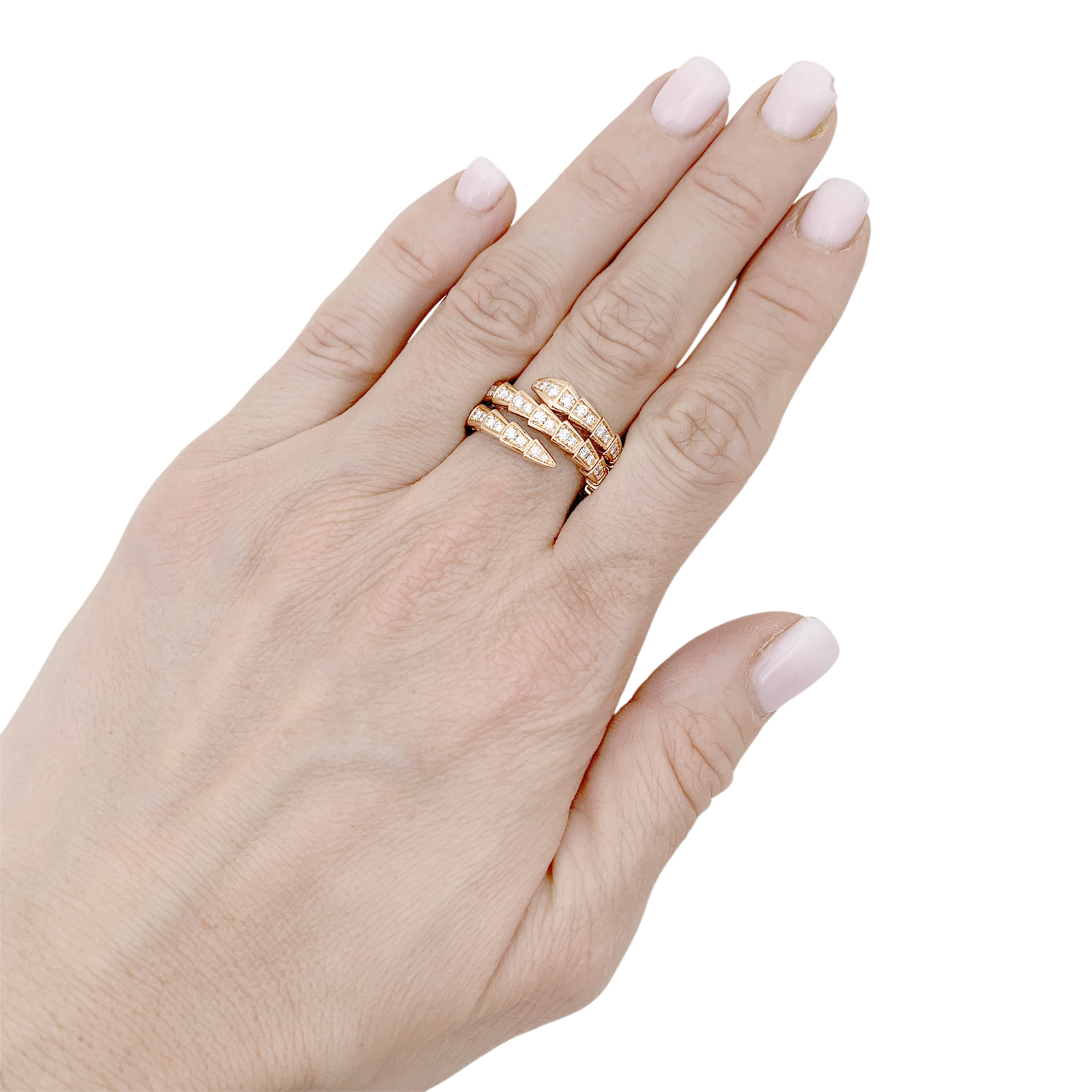 Bague Bulgari, "Serpenti Viper", or rose, diamants.