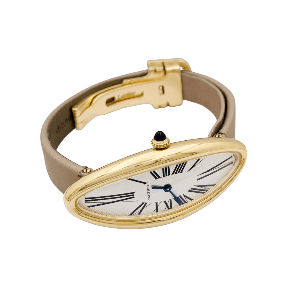 Montre Cartier, "Baignoire Allongée", or rose, cuir.