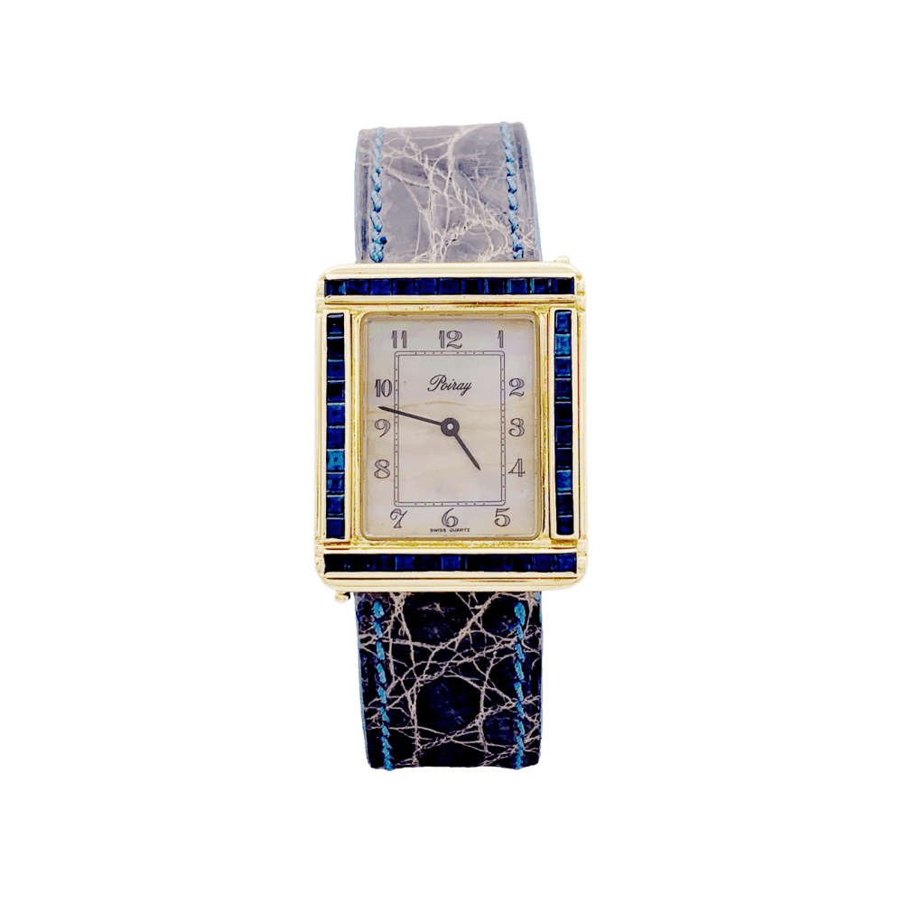 Montre Poiray, "Ma Première", or jaune, nacre, saphir, cuir. - Maison Eloe