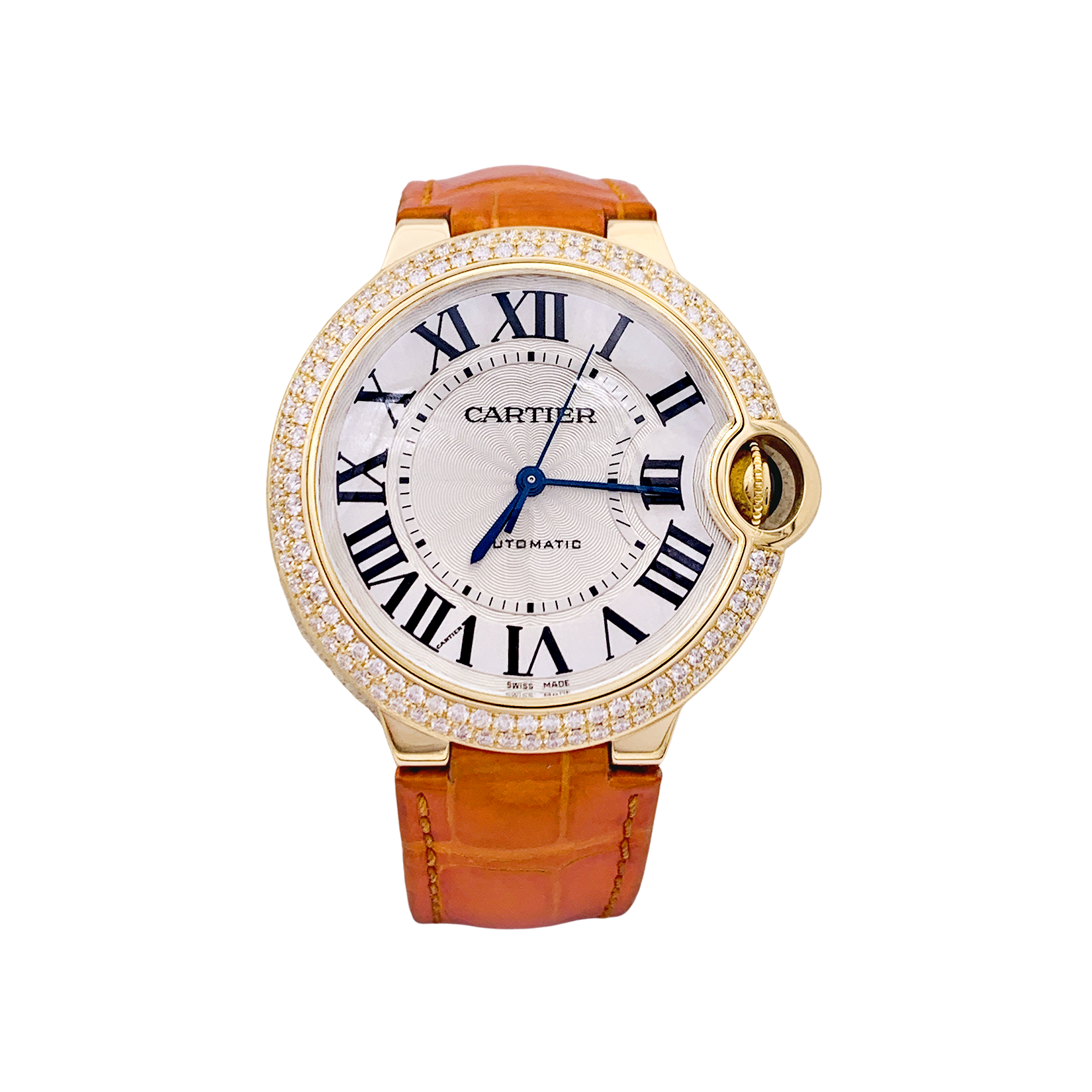 Montre Cartier "Ballon Bleu" or jaune, diamants, cuir.