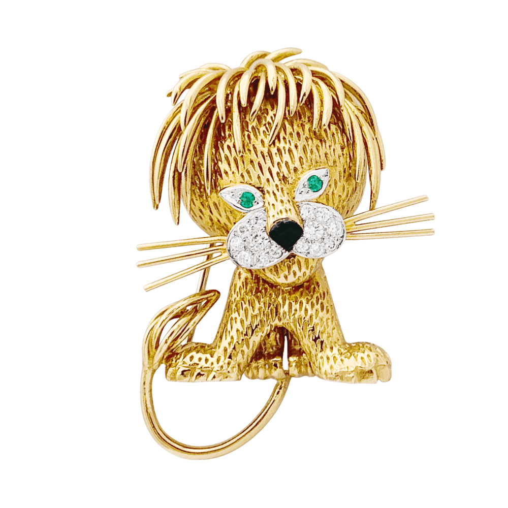 Clip Van Cleef & Arpels, "Lion Ebouriffé", or jaune, émeraude, diamants.