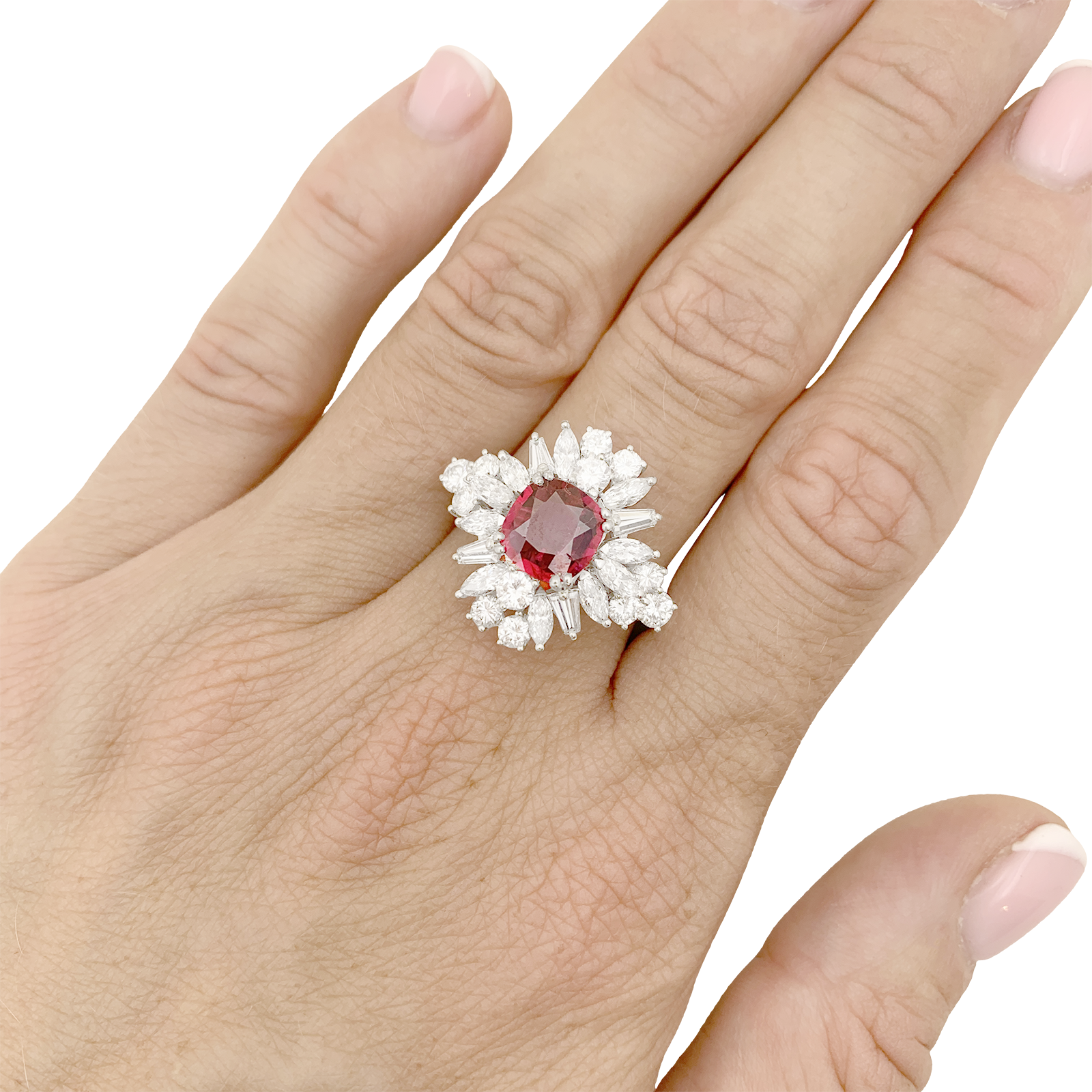 Bague jupe or blanc rubis 1,57 cts et diamants.