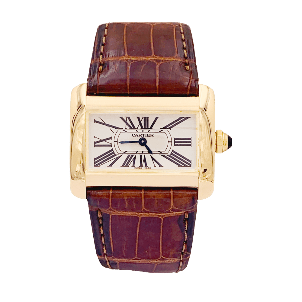 Montre Cartier, "Divan", or jaune, cuir.