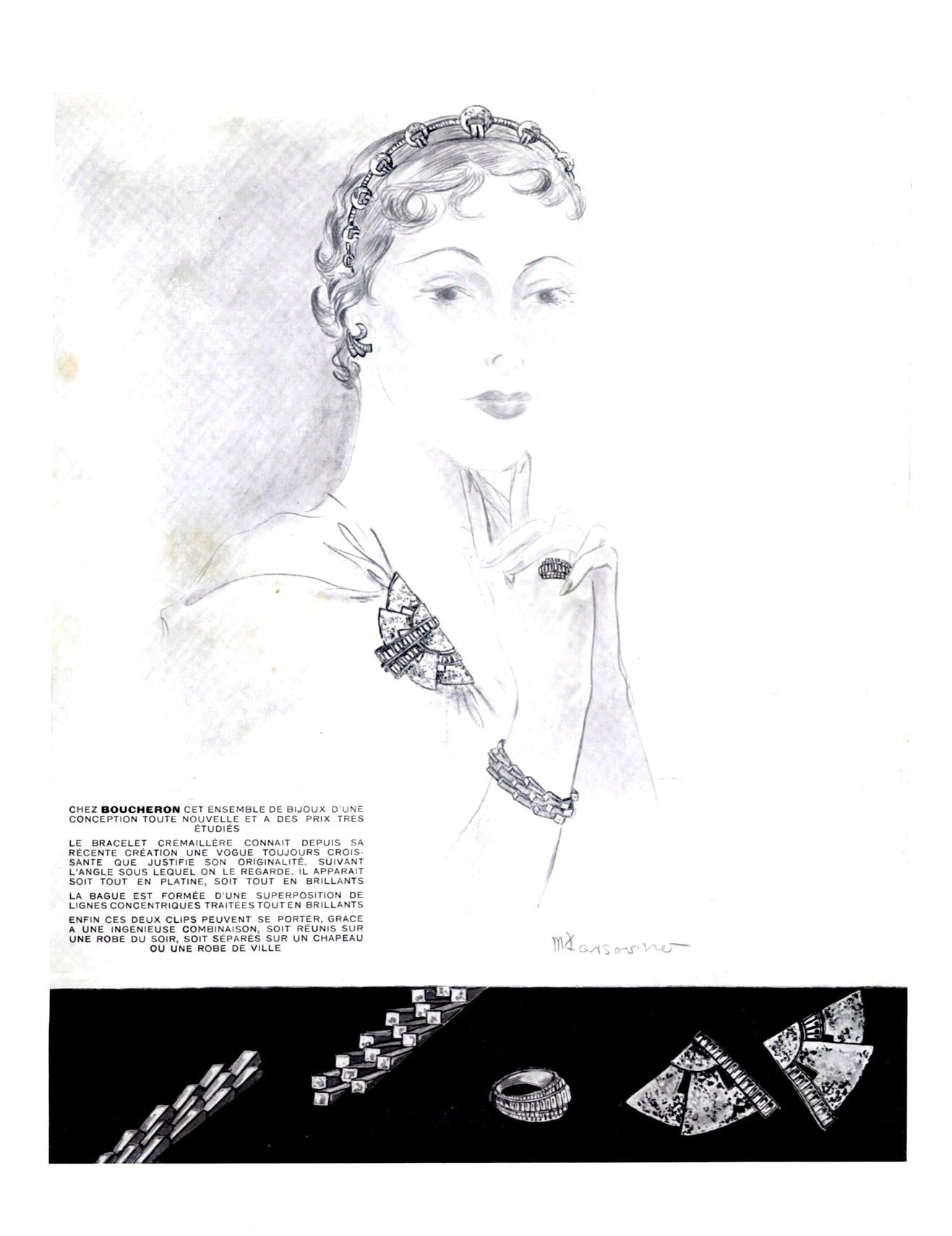 Bracelet Vintage Boucheron, "Crémaillère", platine, diamants.