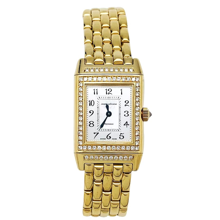 Montre Jaeger Lecoultre "Reverso Duetto" en or jaune, nacre et diamants.