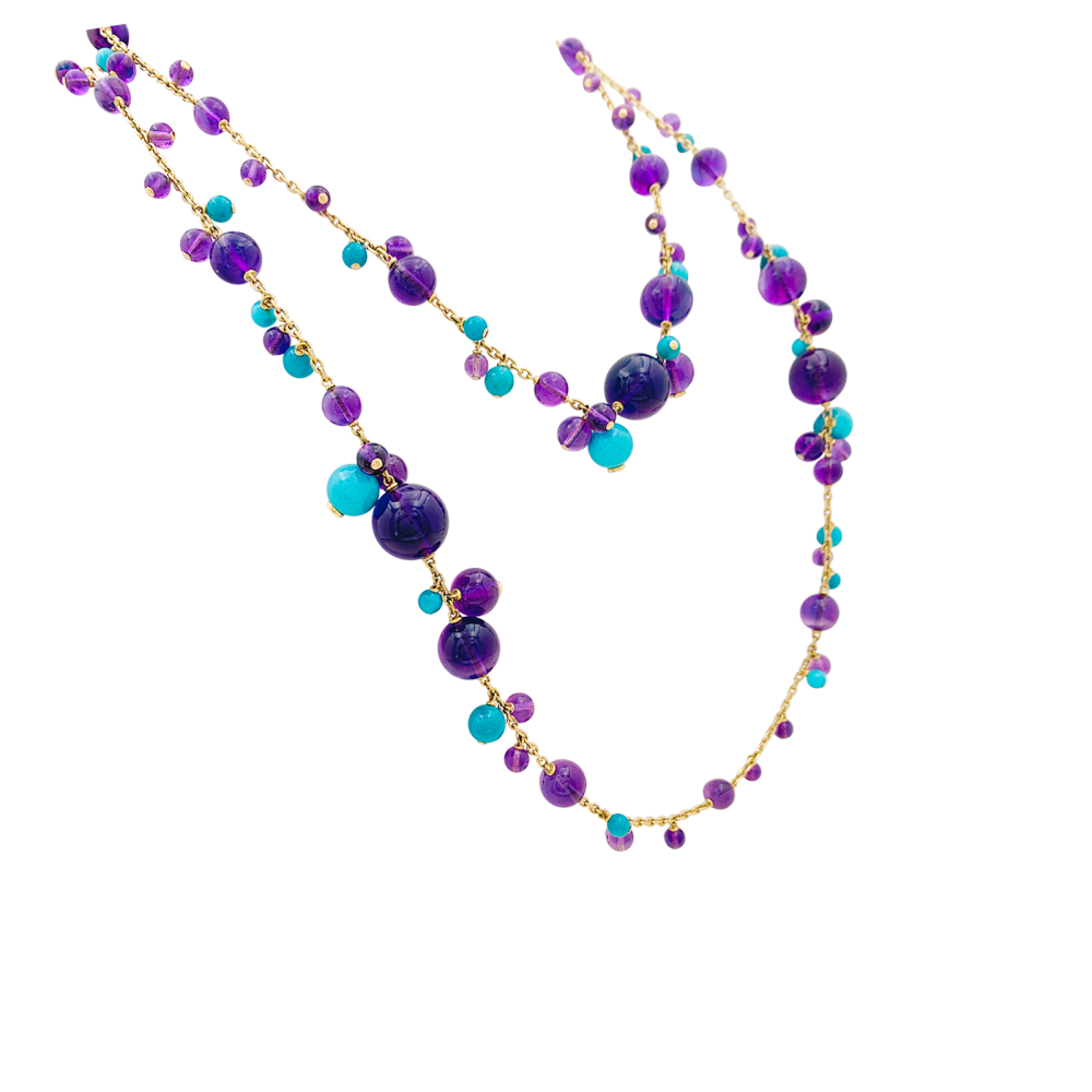 Sautoir Cartier, "Délices de Goa", or rose, améthystes, turquoises et diamants.