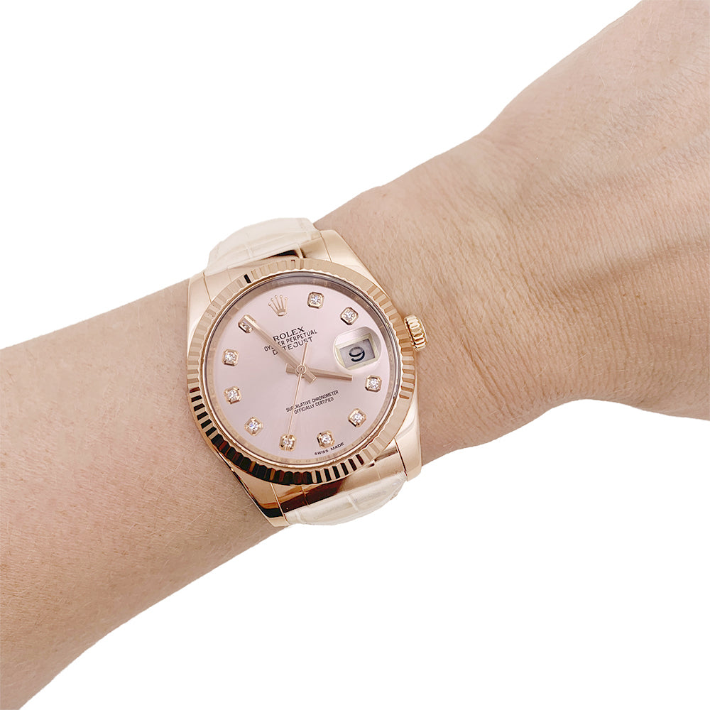 Montre Rolex, "Datejust" or rose, diamants, cuir.