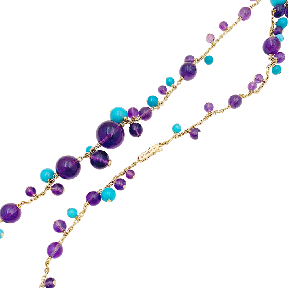 Sautoir Cartier, "Délices de Goa", or rose, améthystes, turquoises et diamants.