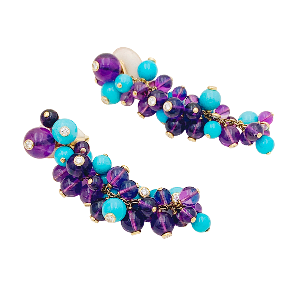 Boucles d'oreilles Cartier, "Délices de Goa", or rose, améthystes, turquoises et diamants.