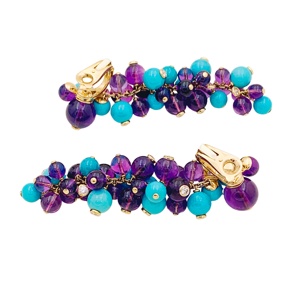 Boucles d'oreilles Cartier, "Délices de Goa", or rose, améthystes, turquoises et diamants.