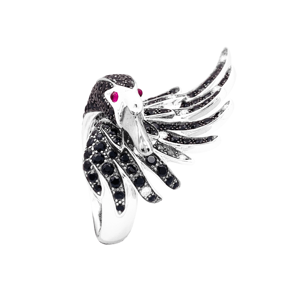 Bague Boucheron, "Animaux de Collection : "Cypris, le Cygne", or blanc, saphirs, diamants, rubis.